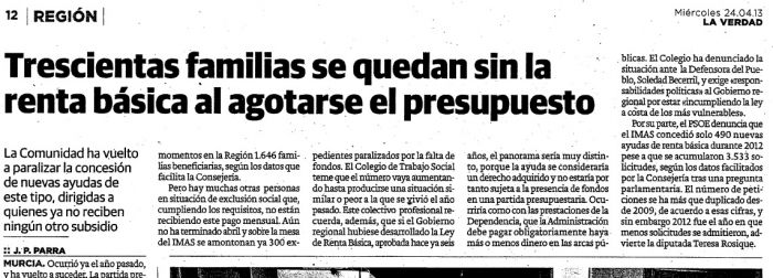 La Verdad: Trescientas familias se quedan sin la Renta Básica al agotarse el presupuesto