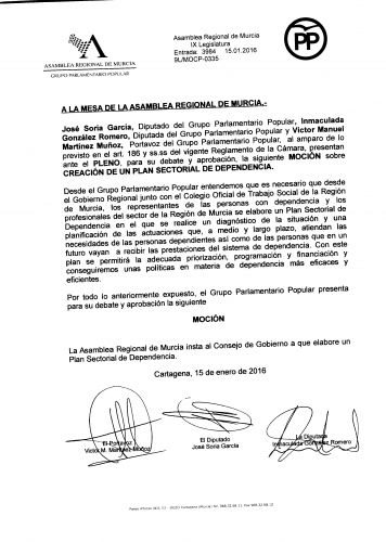 Moción sobre creación de un Plan Sectorial de Dependencia