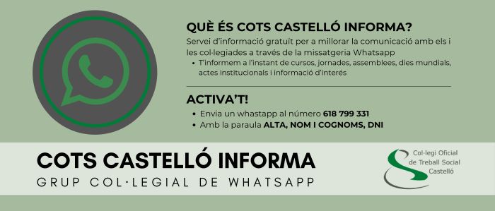 COTS Castelló reforça la comunicació amb els seus col·legiats i col·legiades amb un servei de missatgeria via Whatsapp gratuït